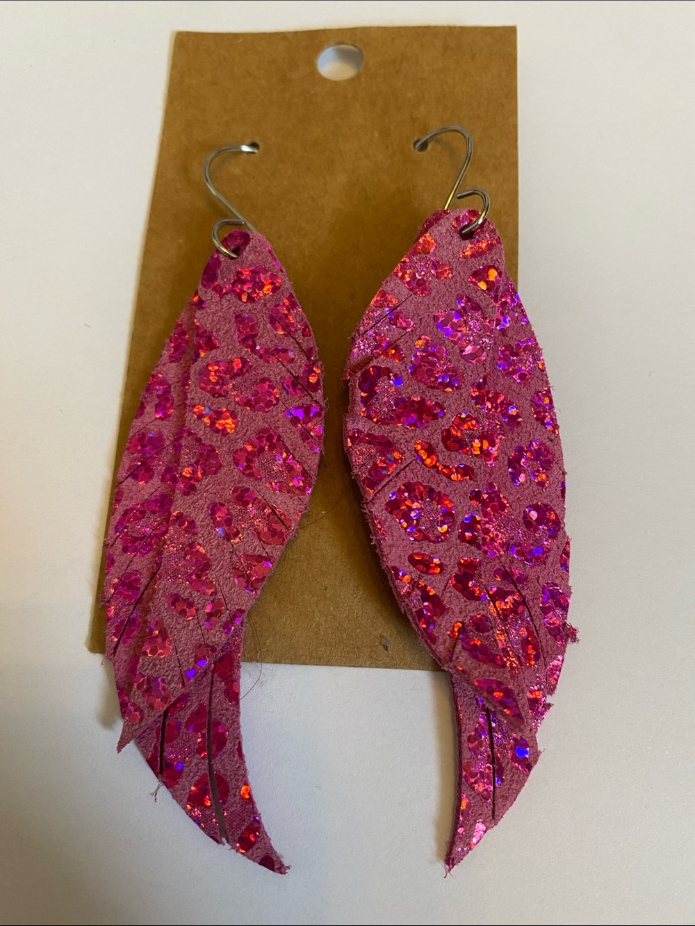 Pink Glitter Leopard Feather Drop Earrings - Women Jewelry